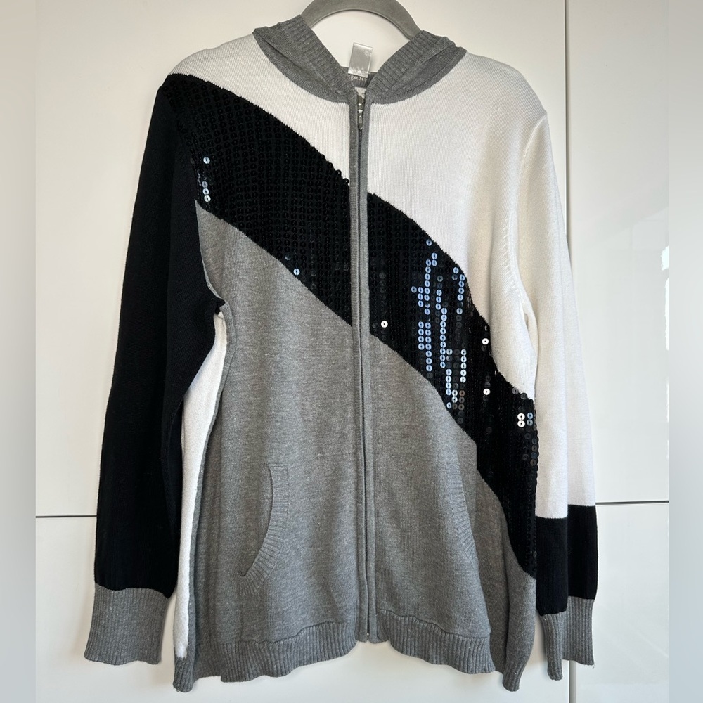 CJ Banks Zip Up Knit Sweater Sequins Black White Gray 1X Athleisure Cruise